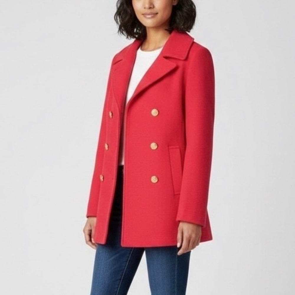 J.Crew Stadium Cloth Wool Majesty Pea Coat Red Gold Crest Buttons 49360 Size 2 - Picture 1 of 7